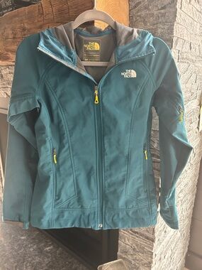 The North Face Teal Hooded Softshell Jacket with Yellow Accents